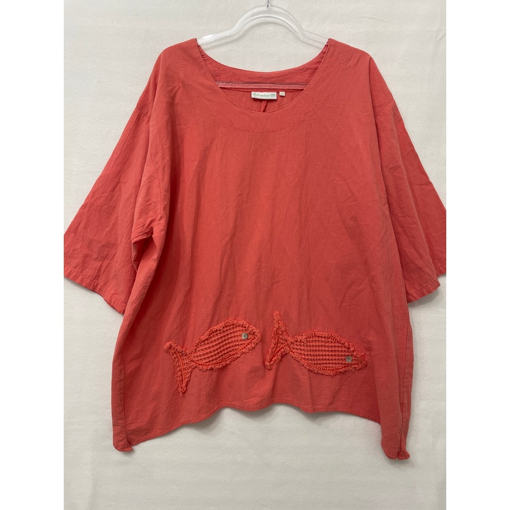 Lulu-B Blouse Size 1X Orange Fish Applique Coastal Boho Crinkle Lagenlook Resort